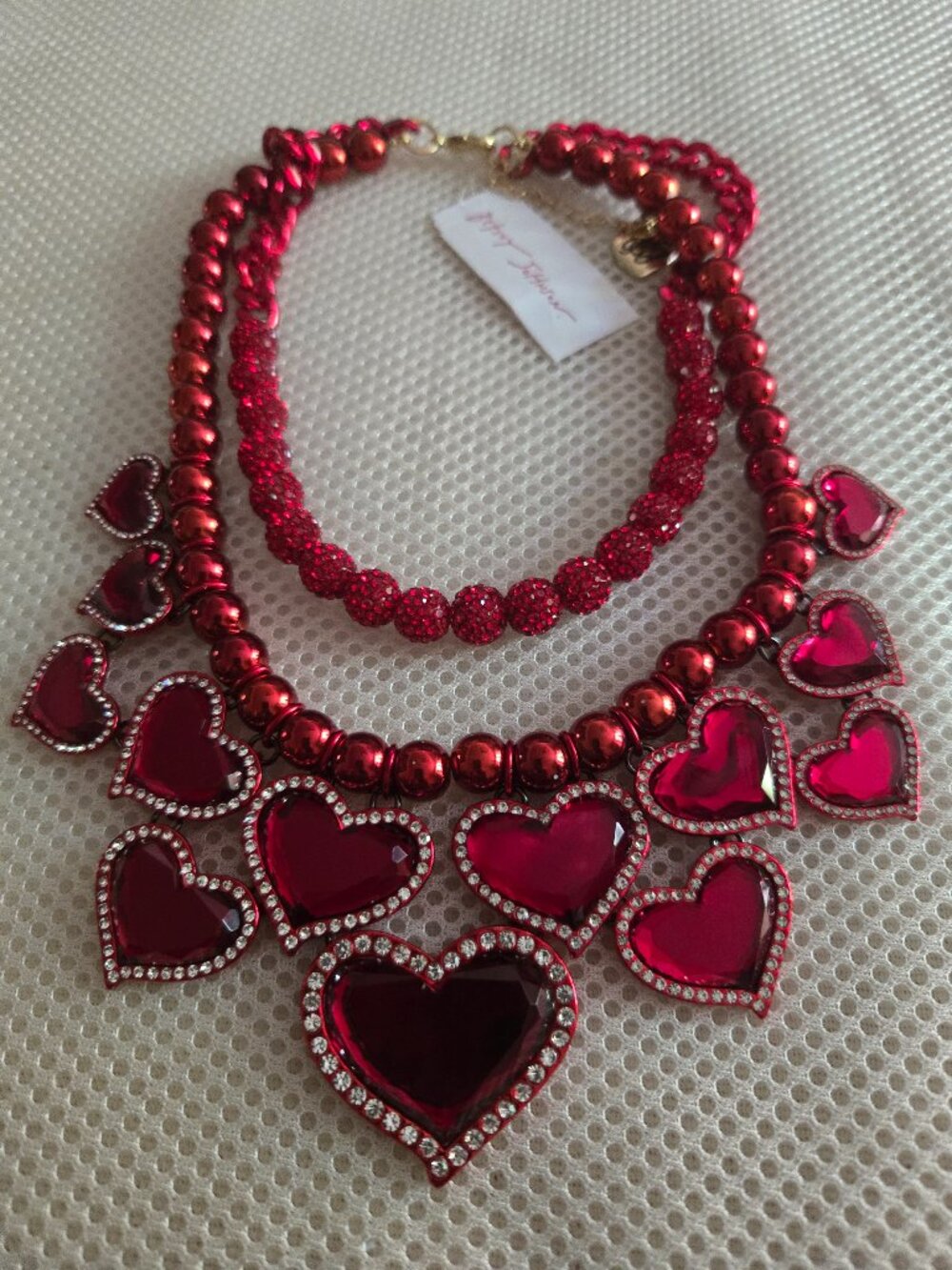 2 strand read beads, red chain, red heart Betsey Johnson necklace, very fun